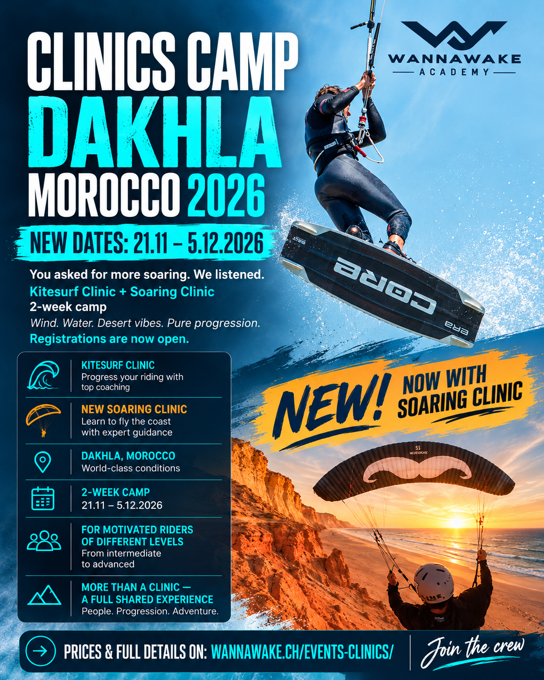 Wannawake Academy Clinics Camp Dakhla Morocco 2026 flyer featuring a kitesurfer and updated dates, 21 November to 5 December 2026, for kitesurf clinics and freeride progression.